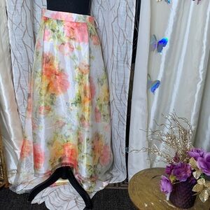 Floral Watercolor Midi Skirt - White with Pink & Yellow Flowers
